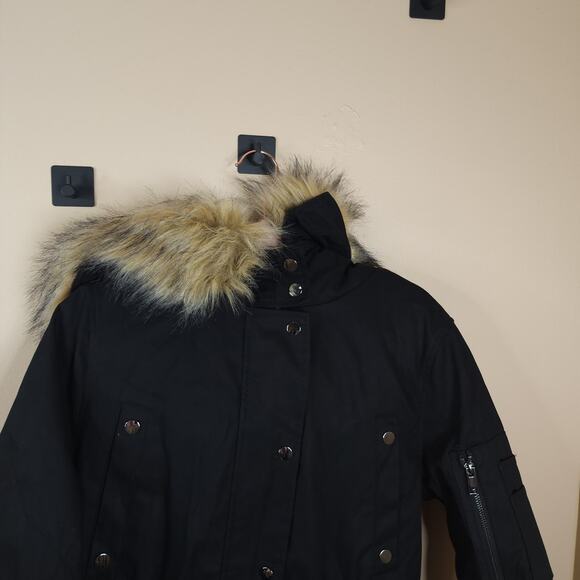 ASOS Faux Fur Hood Drawstring Parka Coat in Black Size 6 - Picture 7 of 15
